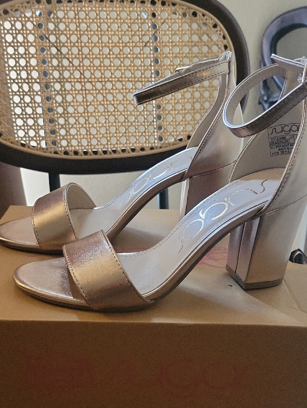 Metallic Gold Block Heel Sandals with Ankle Strap